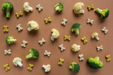 pattern of vegetarian dog snack and vegetables on the beige background