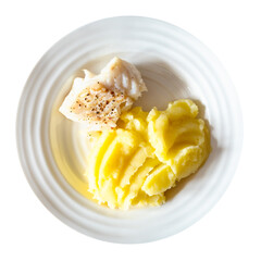 top view of portion of baked and peppered cod fish with mashed potatoes on white plate cut out on white background