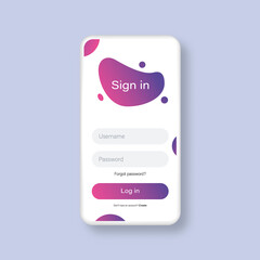 Smartphone mockup with login form page template. Trendy purple colors. Online sign in form. Vector