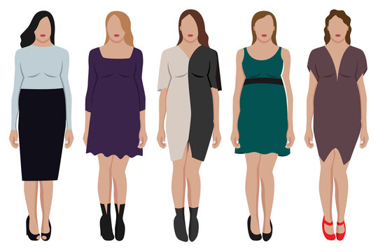 A set of five girls in beautiful clothes of different styles and colors. Body positive.