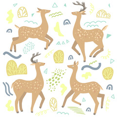 Cute dappled deer flat hand drawn vector illustrations. Colorful collection in scandinavian style. Abstract winter animal. Simple element set for design, print, wrapping, decor, card, sticker, banner.