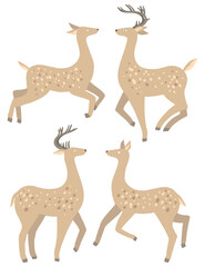 Cute dappled deer flat hand drawn vector illustrations. Colorful collection in cartoon style. Abstract winter animals. Females and males set. Simple elements for design, print, decor, card, sticker.