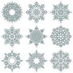 Vector collection of artistic icy abstract crystal snow flakes isolated on background as winter december decoration group or collection. Ice or frost beautiful star ornament silhouette or season art