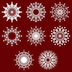 Vector collection of artistic icy abstract crystal snow flakes isolated on background as winter december decoration group or collection. Ice or frost beautiful star ornament silhouette or season art