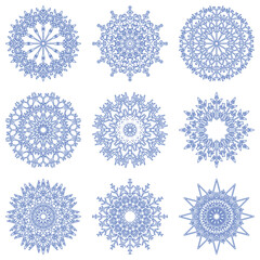 Vector collection of artistic icy abstract crystal snow flakes isolated on background as winter december decoration group or collection. Ice or frost beautiful star ornament silhouette or season art