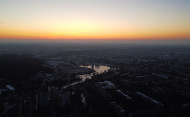 Top view of the sunrise in a european city in winter