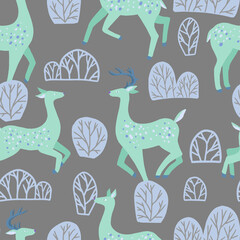Cute dappled deer flat hand drawn vector seamless pattern. Colorful wallpaper in scandinavian style. Abstract winter animal background. Beautiful design for prints, wrap, textile, fabric, decor, card.