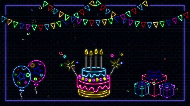 neon lights happy birthday concept animation footage,colorful flags and balloons,glowing cake and giftboxes,color change effect,cake with candles and sparkles,birthday wallpaper