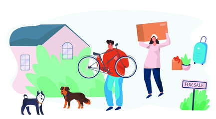House For Sale.Family Characters Buy New House.Property Selling.Buying Real Estate Apartments.Moving Home.Man Carrying Bicycle,Woman Carrying Box.Relocation Process.Flat Vector Illustration 