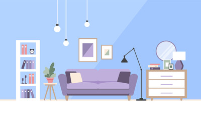 Scandinavian living room interior. Sofa, bookcase, indoor plant, lamp, picture. Vector illustration in flat style