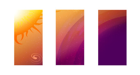 Abstract backgrounds for cell phones.Templates for mobile applications.Bright blazing sun in space illuminates purple planet. Flat style. Many stars and cosmic particles. Atmosphere of distant planet.