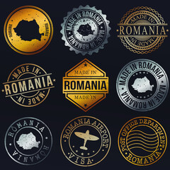 Naklejka premium Romania Map Metal Stamps. Gold Made In Product Seal. National Logo Icon. Symbol Design Insignia Country.