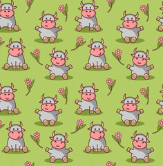 Obraz na płótnie Canvas Seamless pattern with cows and flowers on green background in cartoon style. Vector graphic children design for textile, fabric, tissue, web banner, poster, wrapping paper, gift box, postcard