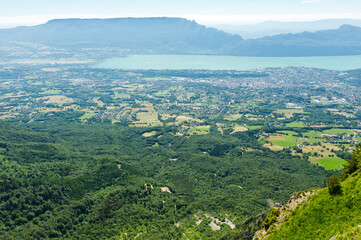 Aix-les-Bains and Lac du Bourget from the viewpoint on Mont Revard, Savoie, Rhone-Alps, France