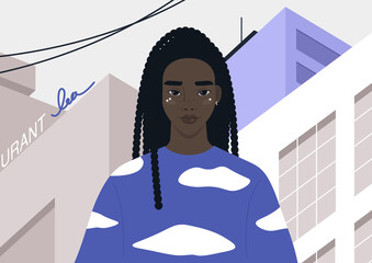 Gen z lifestyle portrait, a young female Black character wearing a long sleeve with a cloud pattern, urban life, and youth subcultures