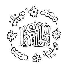 The word Hello in the form of a sticker in a doodle style