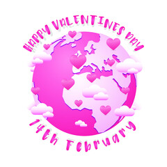 Romantic World Globe. Earth Valentine's Day Love. Vector Icon Blue Map. Famous Continents in the World.