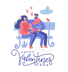 Cute romantic couple sitting on a bench in the park and dringing coffee, spring lovely scene. Valentine's day greeting card. Flat vector illustration.