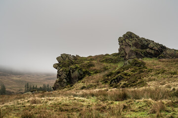 Bleak winter panoramic view of Gib Torr, and The Roaches in the Peak District National Park.
