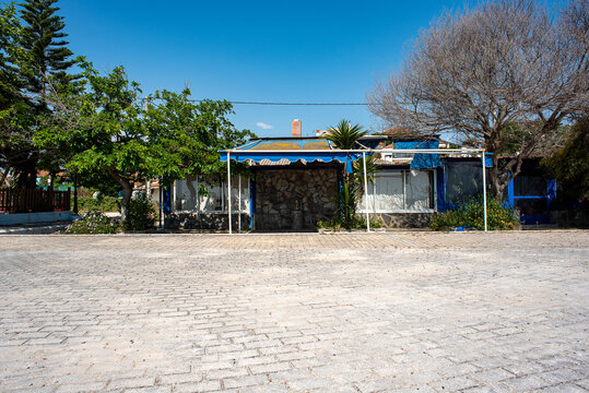 Koronisia, Epirus, Greece - March 29, 2018: Closed beach bar