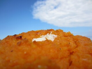 pie  in the sky.  white cream of pie playing with cloud. 