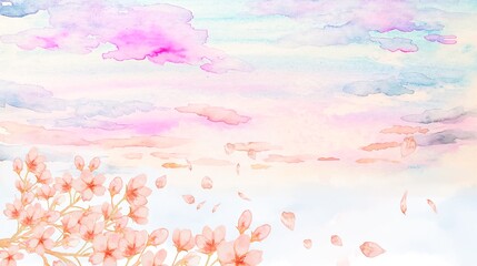 朝焼けの空　桜　水彩背景素材