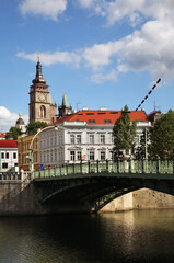 White tower and bridge over Elbe river in Hradec Kralove. Czech Republic