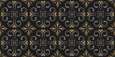 Decorative floral pattern in gold and gray colors on a black background. Seamless wallpaper texture. Vector illustration for design. 