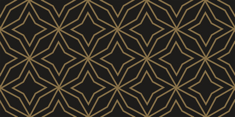 Fototapeta premium Gold geometric ornament on a black background. Seamless wallpaper texture. Vector background image