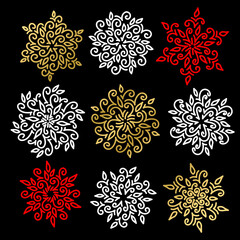 White, red and gold snowflakes set on black background. Vector illustration.