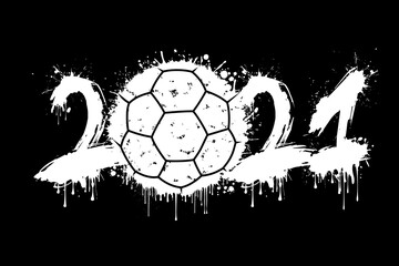 Abstract numbers 2021 and handball ball made of blots in grunge style. 2021 New Year on an isolated background. Design pattern. Vector illustration