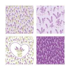Set of cute floral seamless patterns. Brushes of lavender flowers for textile, wallpapers, gift wrap, covers and scrapbook. Vector.