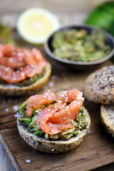 Selective focus. Salmon sandwiches with avocado. Healthy snack. The keto diet.