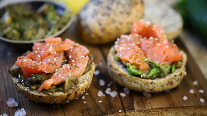 Selective focus. Salmon sandwiches with avocado. Healthy snack. The keto diet.