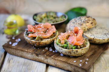 Selective focus. Salmon sandwiches with avocado. Healthy snack. The keto diet.