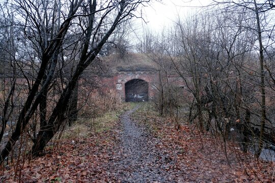 The walls of the ancient Pillau fortress in the rain, the town of Baltiysk, Kaliningrad region, Russia