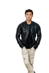Fototapeta premium Vertical photo of a young man in a leather jacket isolated on white