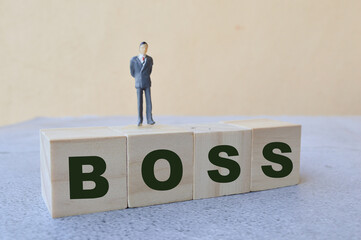 Selective focus of miniature people standing on wooden block written with text BOSS.  Business concept. 