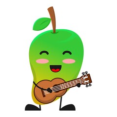 vector illustration of cute mango fruit music or character playing guitar. cute mango fruit Concept White Isolated. Flat Cartoon Style Suitable for Landing Page, Banner, Flyer, Sticker.