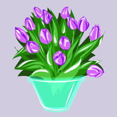 Bouquet of beautiful tulips in a vase without the vase. Yellow, pink, red flowers. Spring, holiday, gift. Background separately. Scalable vector isolated image.