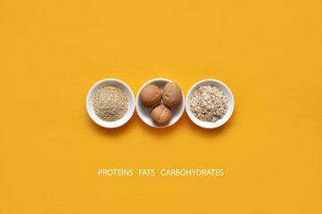 A set of products in a battery symbolizing a full-fledged diet consisting of proteins, fats and carbohydrates. Examples of foods that contain protein, fat, and carbohydrates