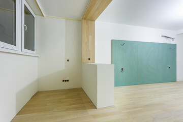 Empty unfurnished room with minimal preparatory repairs. interior with white walls