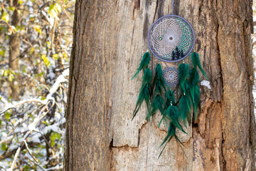 Handmade dream catcher with feathers threads and beads rope hanging