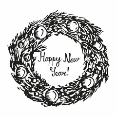 Happy new year greeting in a christmas tree pine wreath. Decorations for winter holidays, Vector hand drawn sketch illustration in doodle outline. Symbol of celebrating and inviting people, botanical.