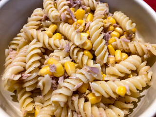 Tuna and sweetcorn pasta salad made with spiralled fusilli pasta.