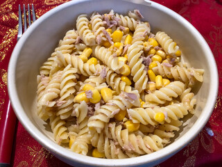 Tuna and sweetcorn pasta salad made with spiralled fusilli pasta.