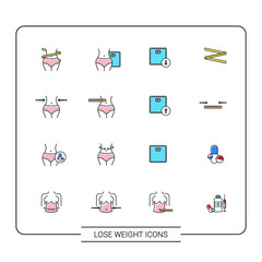 Different icons of losing weight. Image of a slim woman's waist. Slimming icon. Stroke drawings