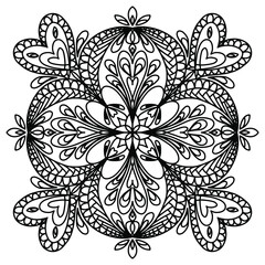 Fototapeta premium Vector hand drawn mandala isolated on white background. Mandala coloring page. Valentine's day greeting card. Outline mandala of hearts.