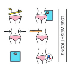 Different icons of losing weight. Image of a slim woman's waist. Slimming icon. Stroke drawings