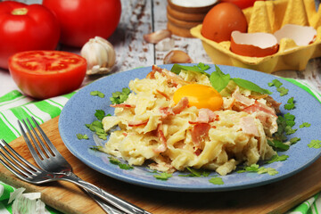 A plate with traditional pasta carbonara